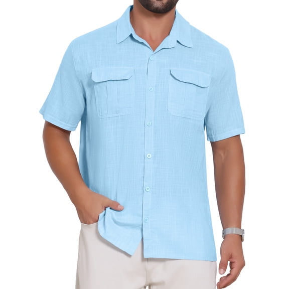 INSPIRE CHIC Men's Solid Short Sleeve Button Down Chest Pockets Linen Shirt M Light Blue