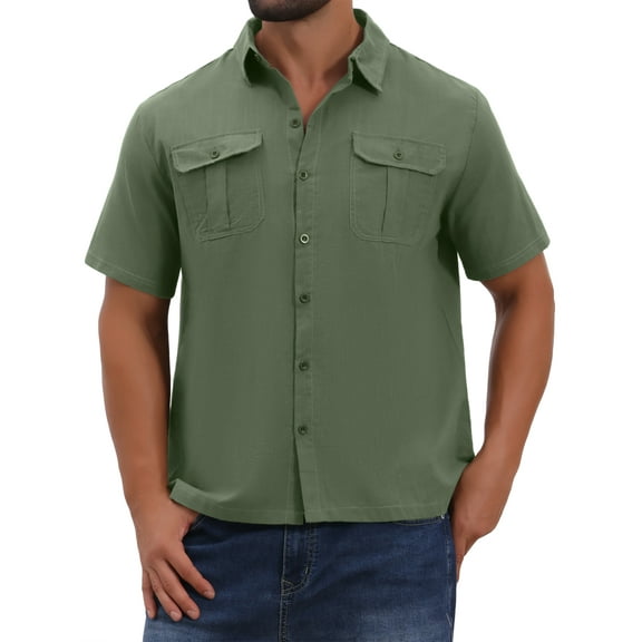 INSPIRE CHIC Men's Solid Short Sleeve Button Down Chest Pockets Linen Shirt M Olive Green