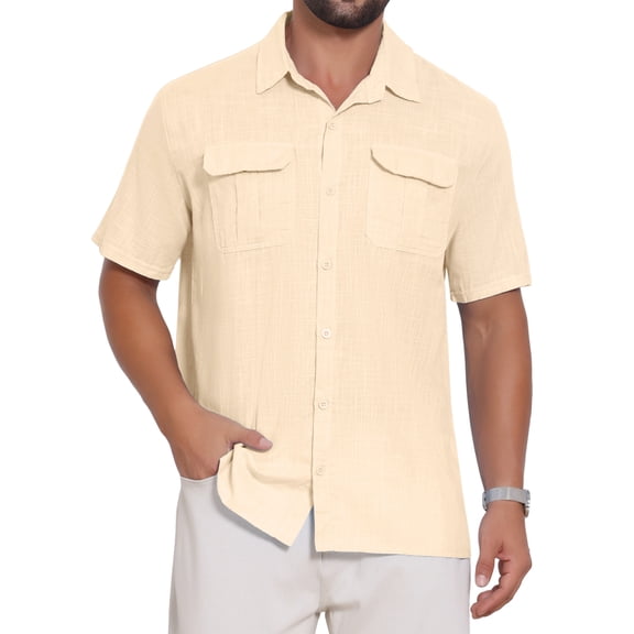 INSPIRE CHIC Men's Solid Short Sleeve Button Down Chest Pockets Linen Shirt XL Beige