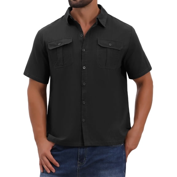 INSPIRE CHIC Men's Solid Short Sleeve Button Down Chest Pockets Linen Shirt XL Black