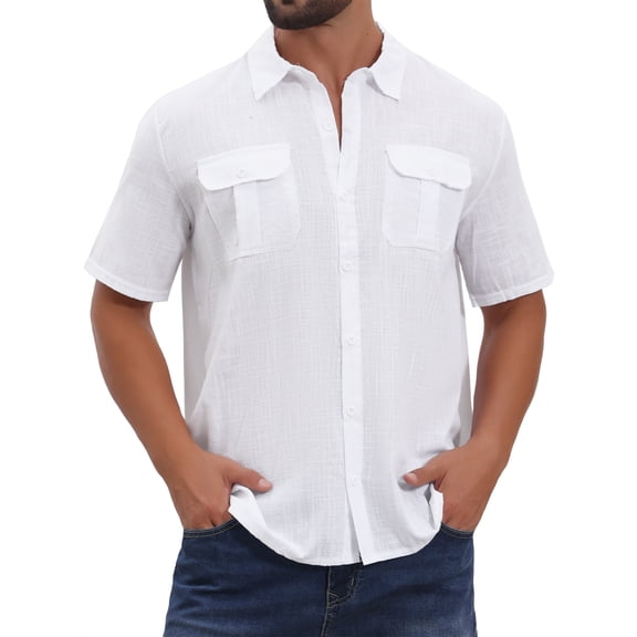 INSPIRE CHIC Men's Solid Short Sleeve Button Down Chest Pockets Linen Shirt XL White