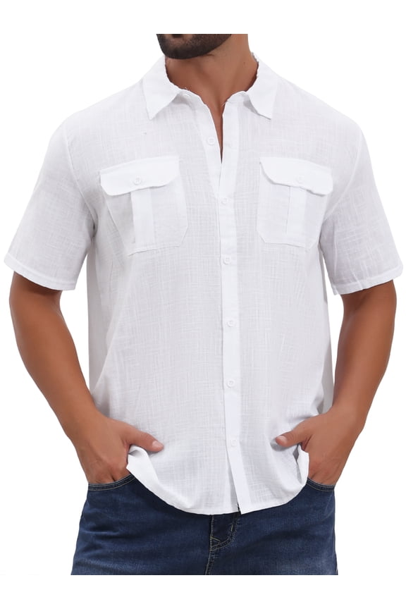Men's Solid Short Sleeve Button Down Chest Pockets Linen Shirt XL White