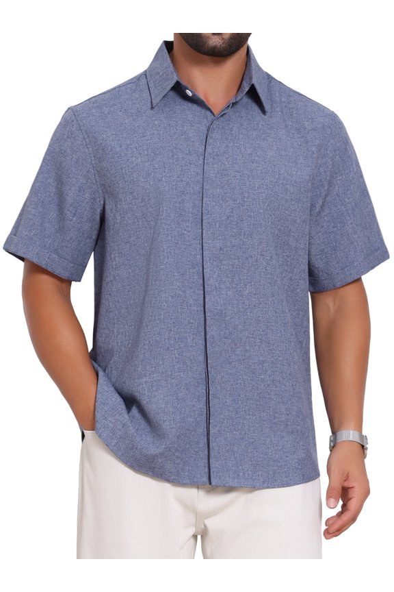 Men's Solid Summer Short Sleeve Button Down Linen Shirt 2XL Denim Blue