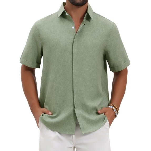INSPIRE CHIC Men's Solid Summer Short Sleeve Button Down Linen Shirt 2XL Light Green