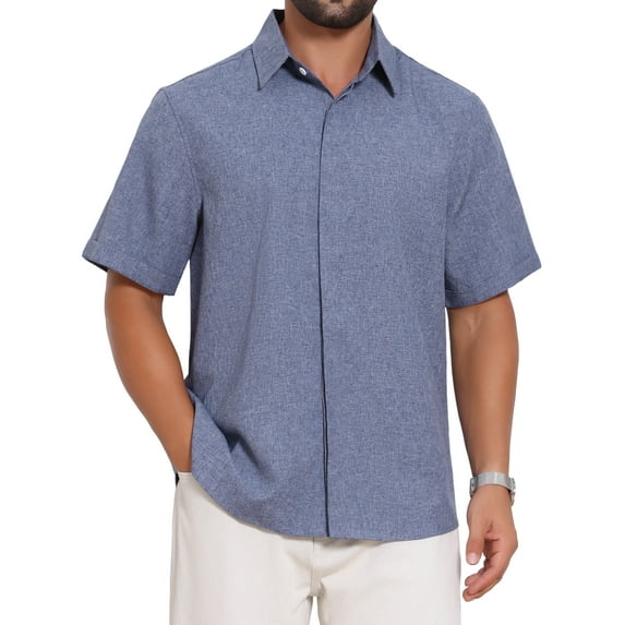 INSPIRE CHIC Men's Solid Summer Short Sleeve Button Down Linen Shirt L Denim Blue