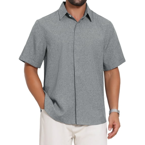 INSPIRE CHIC Men's Solid Summer Short Sleeve Button Down Linen Shirt M Dark Gray