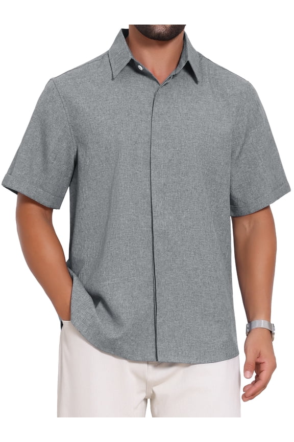 Men's Solid Summer Short Sleeve Button Down Linen Shirt M Dark Gray