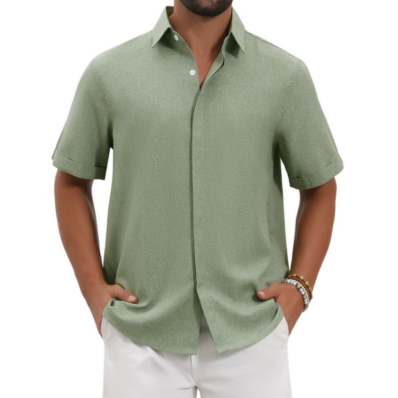 INSPIRE CHIC Men's Solid Summer Short Sleeve Button Down Linen Shirt M Light Green