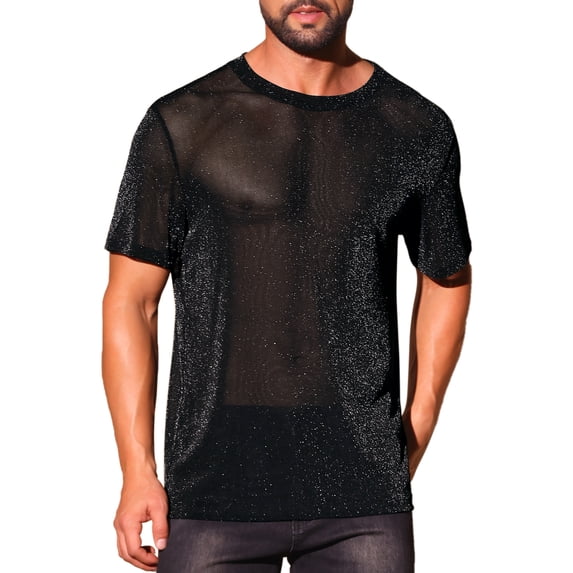 INSPIRE CHIC Men's Sparkle See Through Lightweight Short Sleeve Shiny Sheer T-Shirts M Black