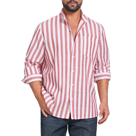 INSPIRE CHIC Men's Stand Collar Long Sleeve Button Down Striped Dress Shirts with Chest Pocket L Red