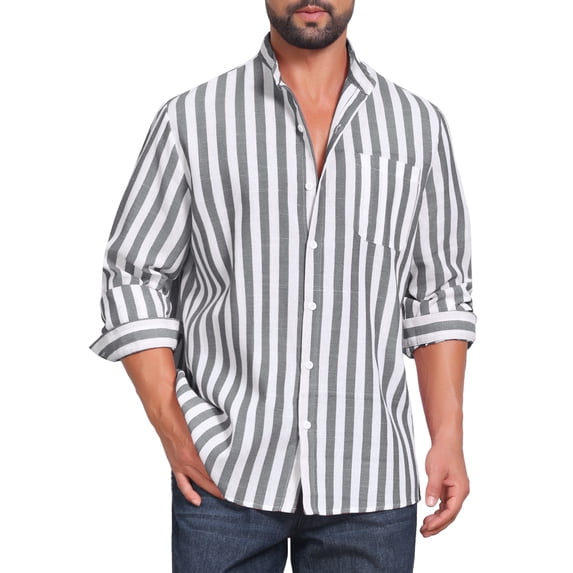 INSPIRE CHIC Men's Stand Collar Long Sleeve Button Down Striped Dress Shirts with Chest Pocket M Black