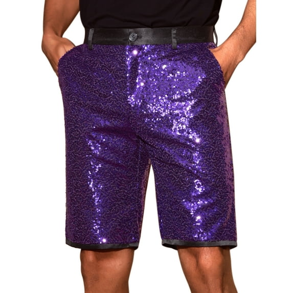 INSPIRE CHIC Men's Straight Leg Club Rave Party Metallic Sparkly Sequin Shorts 28 Purple