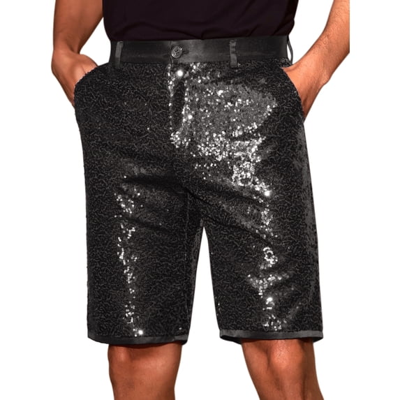 INSPIRE CHIC Men's Straight Leg Club Rave Party Metallic Sparkly Sequin Shorts 34 Black