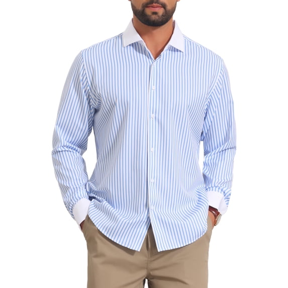 INSPIRE CHIC Men's Striped Button Down Long Sleeve Stretch Business Shirts L Blue