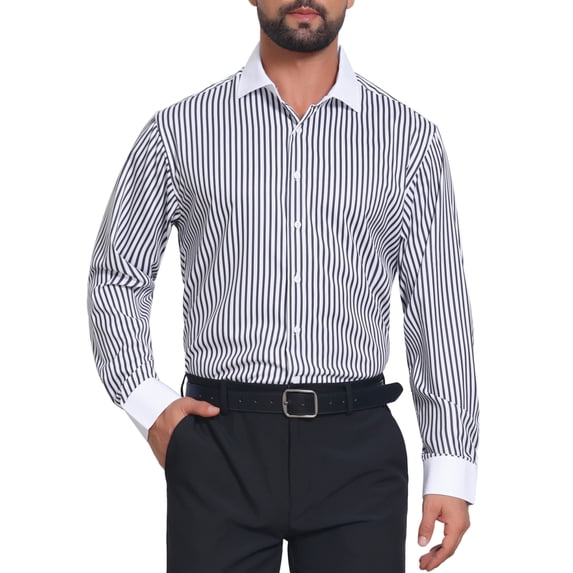 INSPIRE CHIC Men's Striped Button Down Long Sleeve Stretch Business Shirts M Black