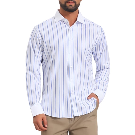 INSPIRE CHIC Men's Striped Button Down Long Sleeve Stretch Business Shirts S Light Blue