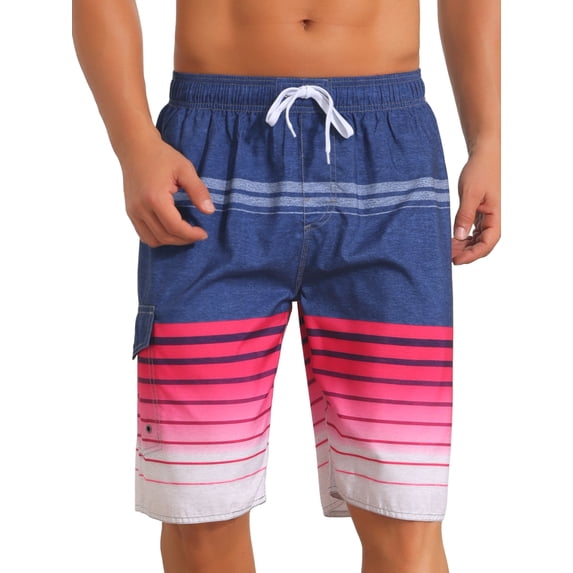INSPIRE CHIC Men's Striped Drawstring Waist Vacation Beach Shorts with Pockets 34 Navy Red