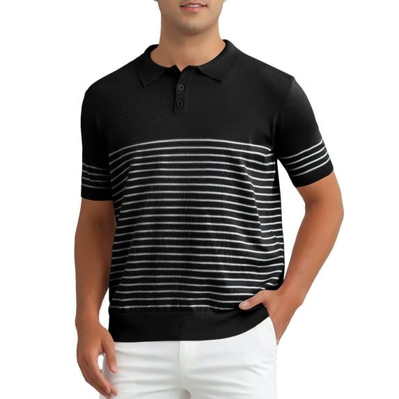 INSPIRE CHIC Men's Striped Polo Shirt Regular Fit Short Sleeves Button Down Collared Knit Golf Shirts S Black