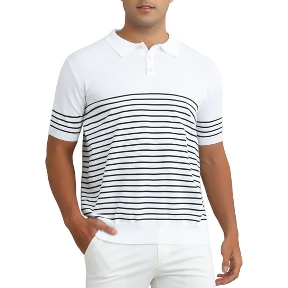 INSPIRE CHIC Easter Edition Men's Striped Polo Shirt Regular Fit Short Sleeves Button Down Collared Knit Golf Shirts XL White
