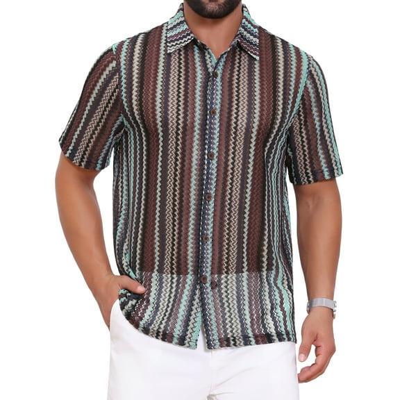 INSPIRE CHIC Men's Striped Shirt Short Sleeve Button Down See Through Shirts 2XL Gray Brown