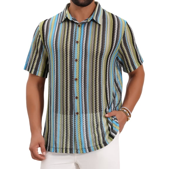 INSPIRE CHIC Men's Striped Shirt Short Sleeve Button Down See Through Shirts M Blue Green