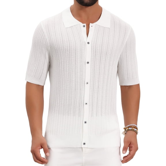 INSPIRE CHIC Men's Striped Shirt Summer Short Sleeve Knitted See Through Shirts 2XL White