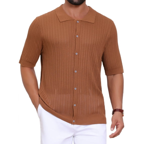 INSPIRE CHIC Men's Striped Shirt Summer Short Sleeve Knitted See Through Shirts M Brown