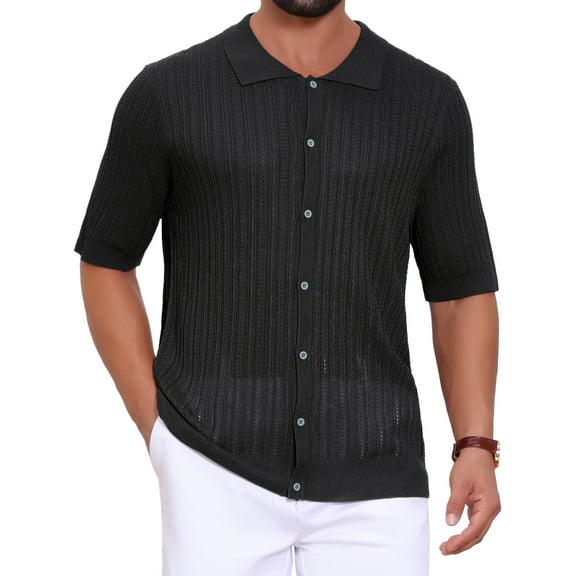 INSPIRE CHIC Men's Striped Shirt Summer Short Sleeve Knitted See Through Shirts S Black