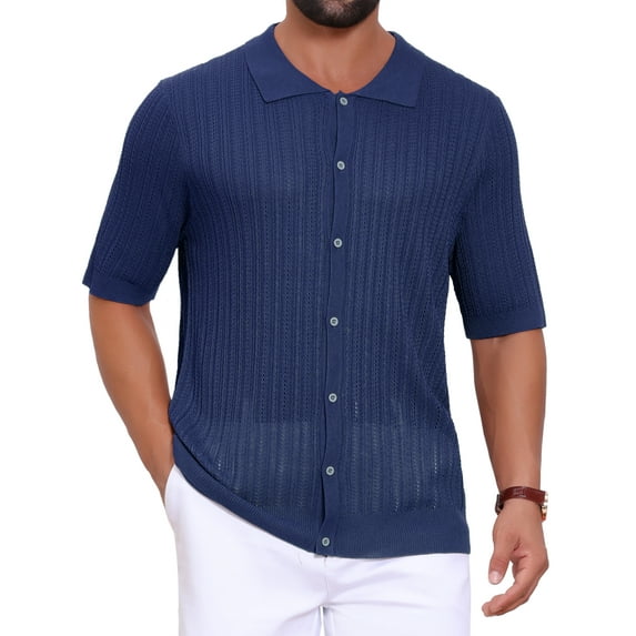 INSPIRE CHIC Men's Striped Shirt Summer Short Sleeve Knitted See Through Shirts XL Dark Blue