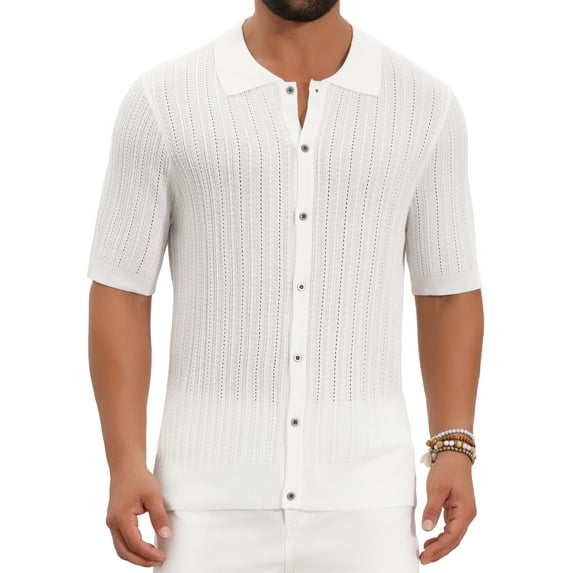 INSPIRE CHIC Men's Striped Shirt Summer Short Sleeve Knitted See Through Shirts XL White
