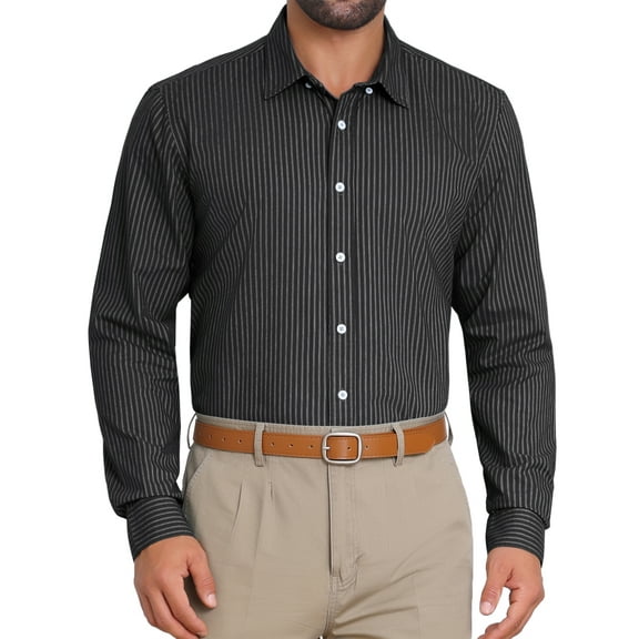 INSPIRE CHIC Men's Stripes Long Sleeved Button Down Business Dress Shirts L Black
