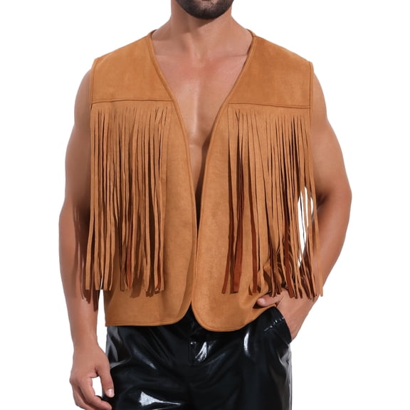 INSPIRE CHIC Men's Suede Casual Front Open Sleeveless Fringe Trim Vest S Light Brown