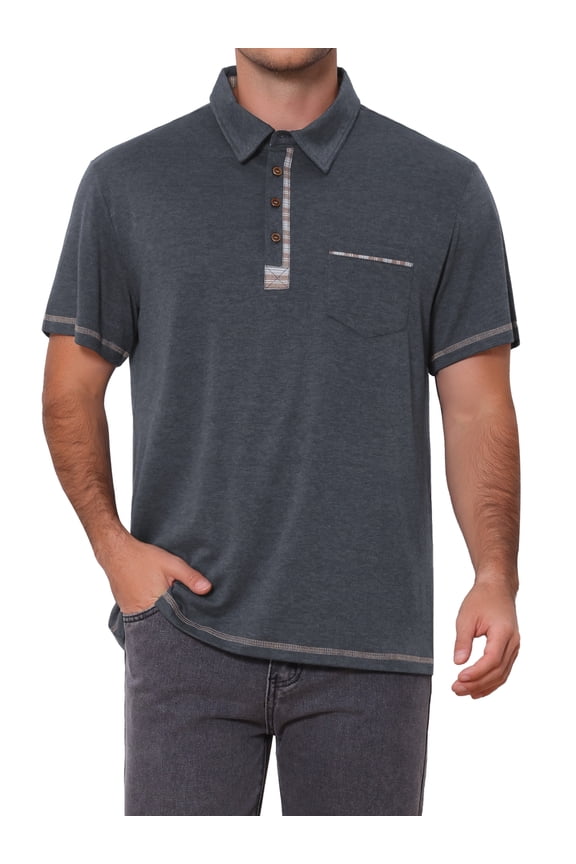 Men's Summer Casual Color Block Collared Pocket Short-Sleeve Polo Shirts 3XL Dark Gray