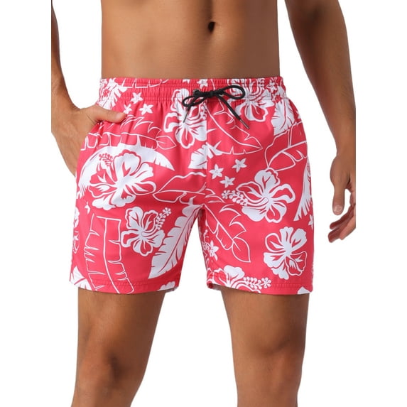 INSPIRE CHIC Men's Summer Hawaiian Pattern Drawstring Elastic Waist Mesh Lining Board Shorts 34 Red