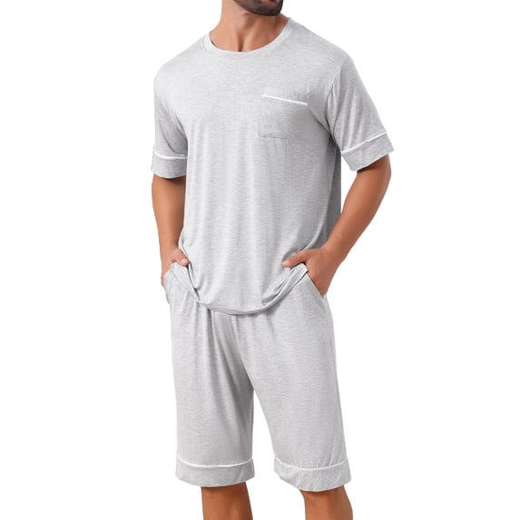 INSPIRE CHIC Men's Summer Short Sleeves Crew Neck with Pockets Nightwear Pajama Set L Light Gray