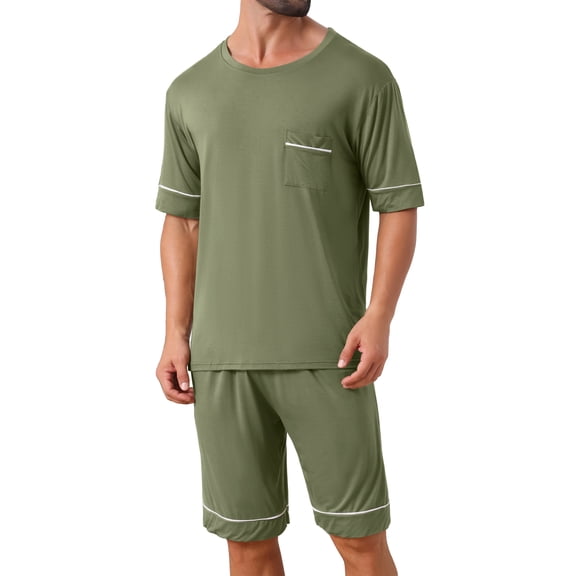 INSPIRE CHIC Men's Summer Short Sleeves Crew Neck with Pockets Nightwear Pajama Set L Olive Green
