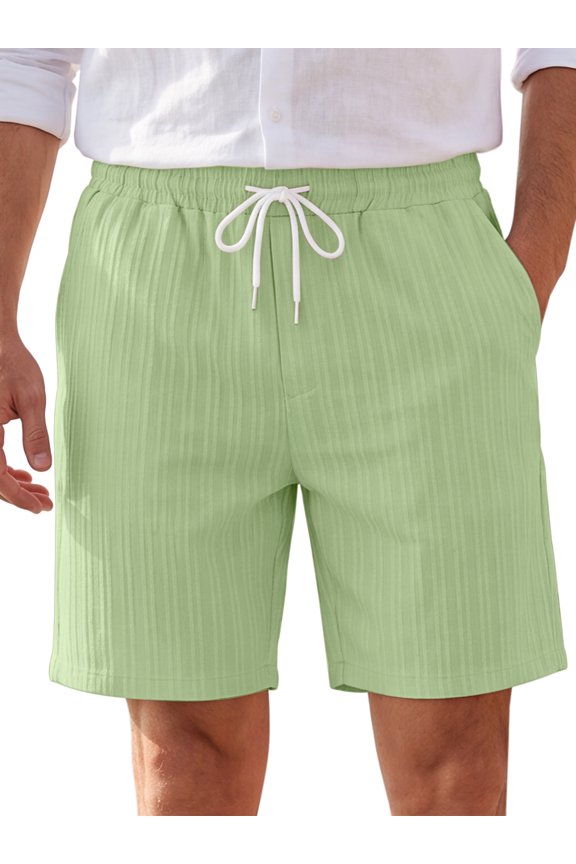 Men's Summer Side Pockets Drawstring Waist Above Knee Beach Striped Shorts L Light Green