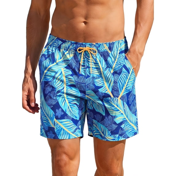 INSPIRE CHIC Men's Summer Tropical Leaf Print Lined Drawstring Swimming Beach Shorts L Navy Blue