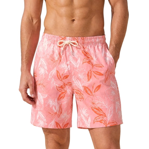 INSPIRE CHIC Men's Summer Tropical Leaf Print Lined Drawstring Swimming Beach Shorts L Pink