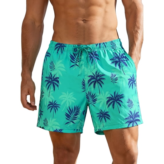 INSPIRE CHIC Men's Summer Tropical Leaf Print Lined Drawstring Swimming Beach Shorts M Light Green