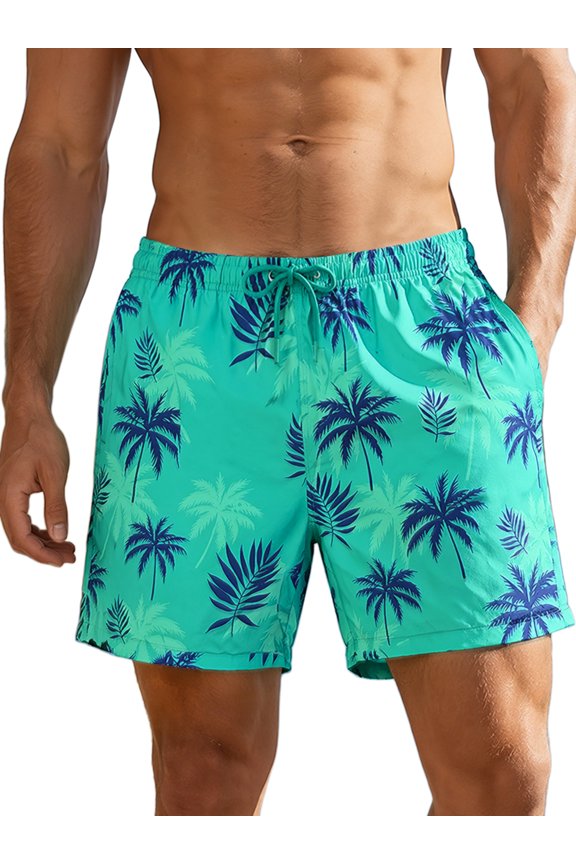 Men's Summer Tropical Leaf Print Lined Drawstring Swimming Beach Shorts S Light Green