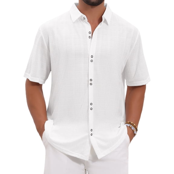 INSPIRE CHIC Men's Texture Short Sleeve Button Down Solid Casual Knitted Shirt M White