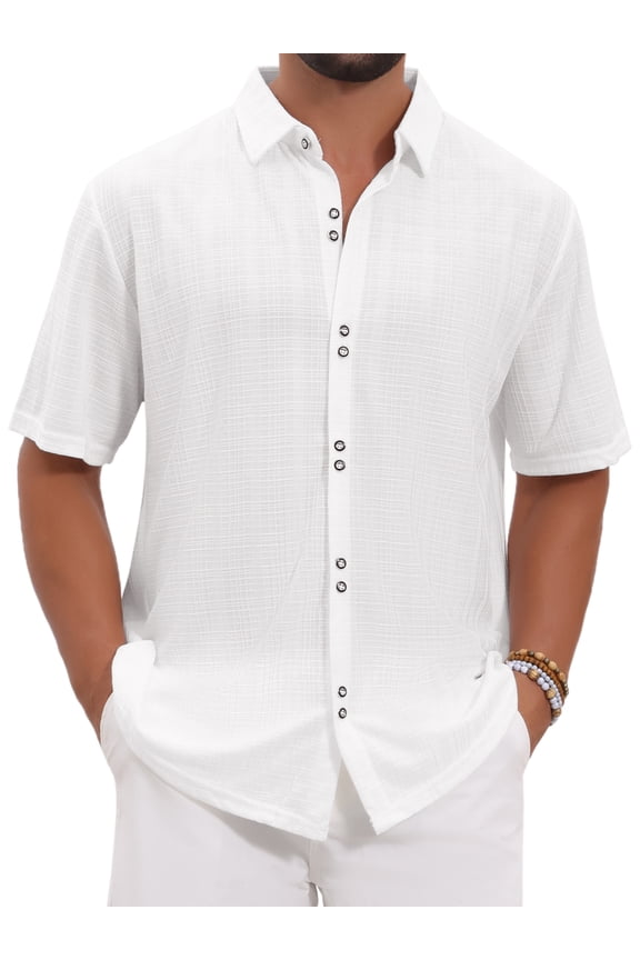 Men's Texture Short Sleeve Button Down Solid Casual Knitted Shirt M White
