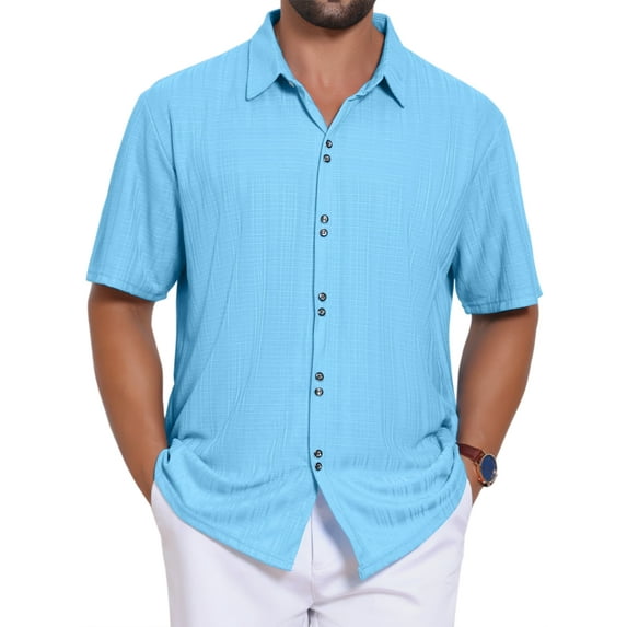 INSPIRE CHIC Men's Texture Short Sleeve Button Down Solid Casual Knitted Shirt XL Light Blue