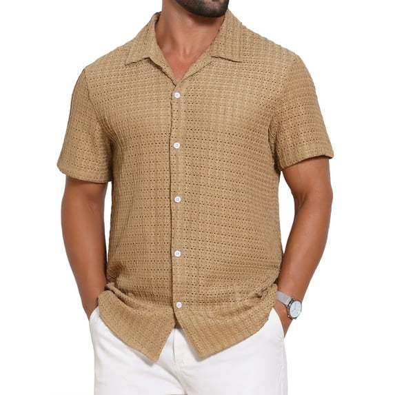 INSPIRE CHIC Men's Texture Short Sleeve Hollow Out Casual Knitted Shirt 2XL Khaki