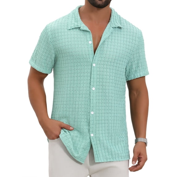 INSPIRE CHIC Men's Texture Short Sleeve Hollow Out Casual Knitted Shirt L Light Blue