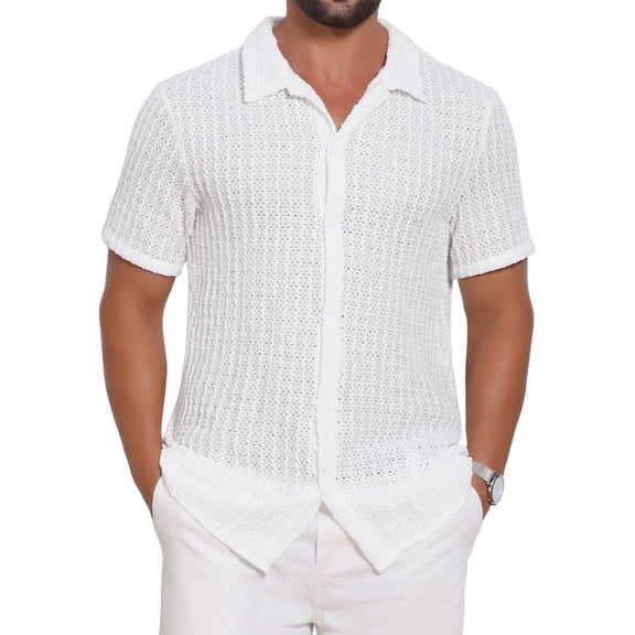 INSPIRE CHIC Men's Texture Short Sleeve Hollow Out Casual Knitted Shirt S White
