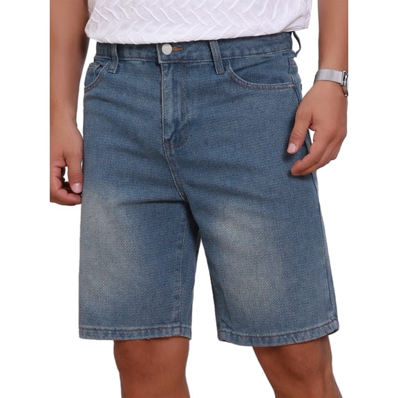 INSPIRE CHIC Men's Textured Denim Shorts Above Knee Zipper Casual Jean Short 34 Dark Blue