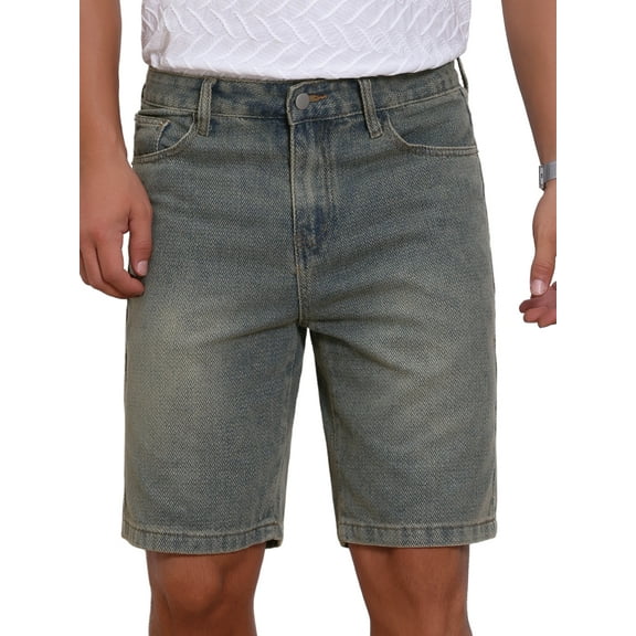INSPIRE CHIC Men's Textured Denim Shorts Above Knee Zipper Casual Jean Short 38 Retro Blue