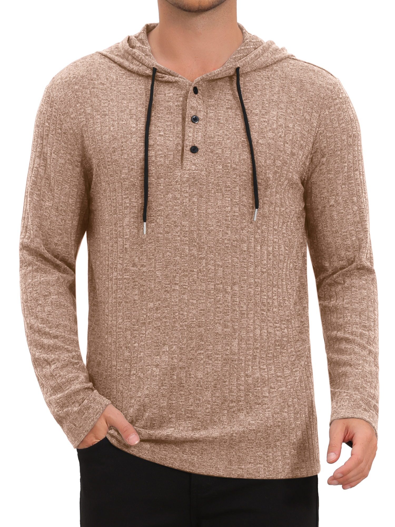 INSPIRE CHIC Men's Textured Hooded Sweatshirt Long Sleeve Pullover Casual Sweater Hoodies M Khaki